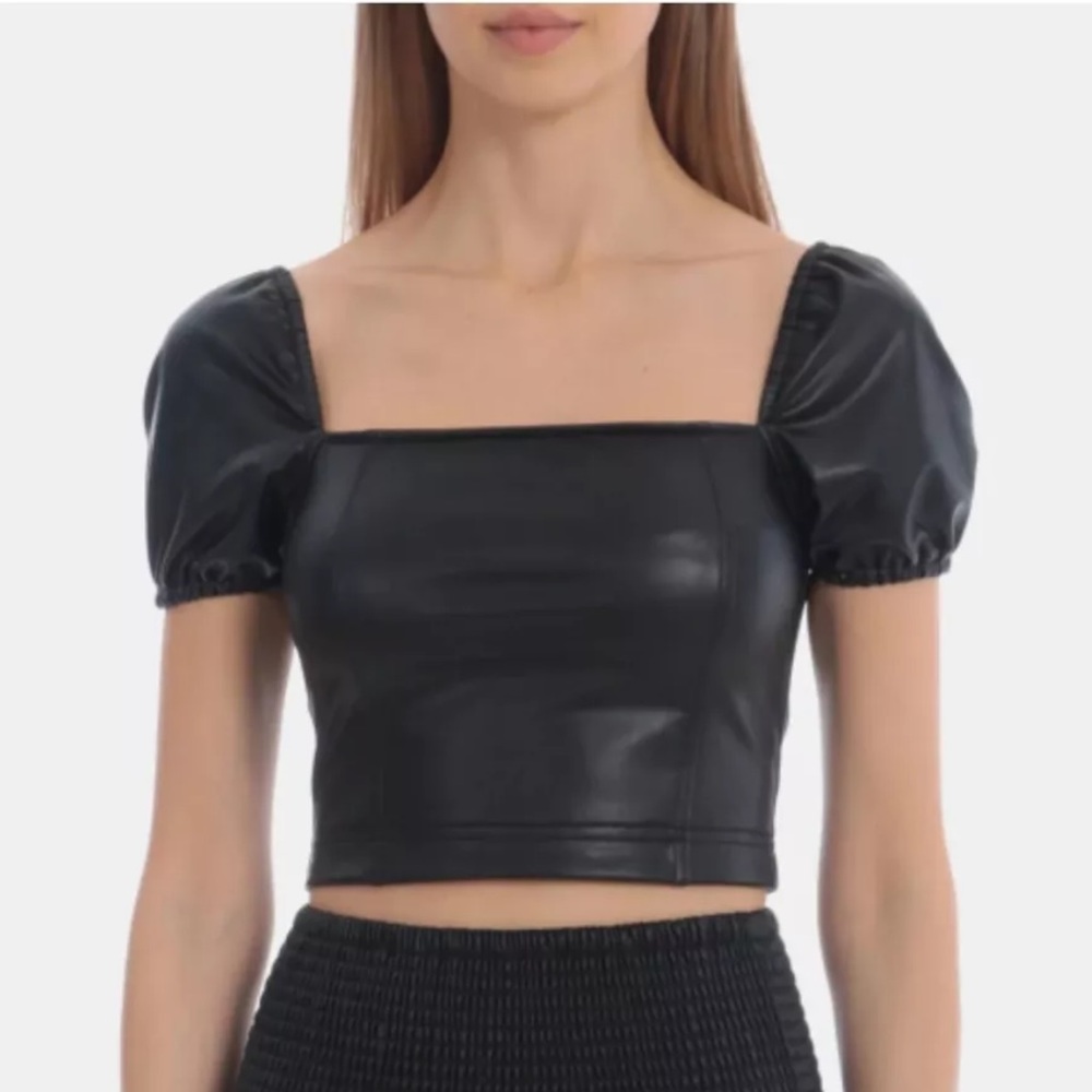 NEW 7 For All Mankind Faux Leather Puff Sleeve Crop Top in Black